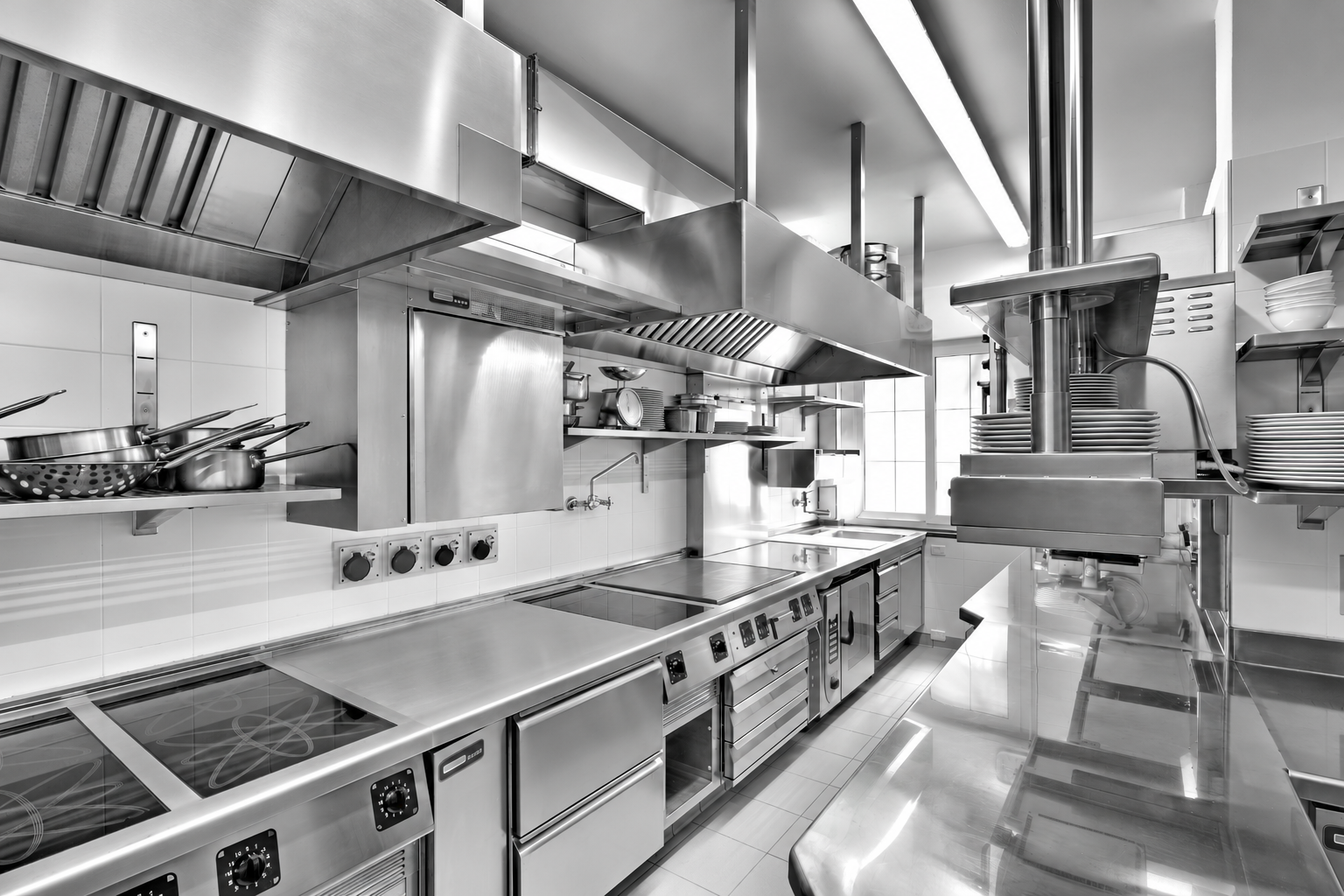 Czysta profesjonalna kuchnia gastronomiczna ze stali nierdzewnej